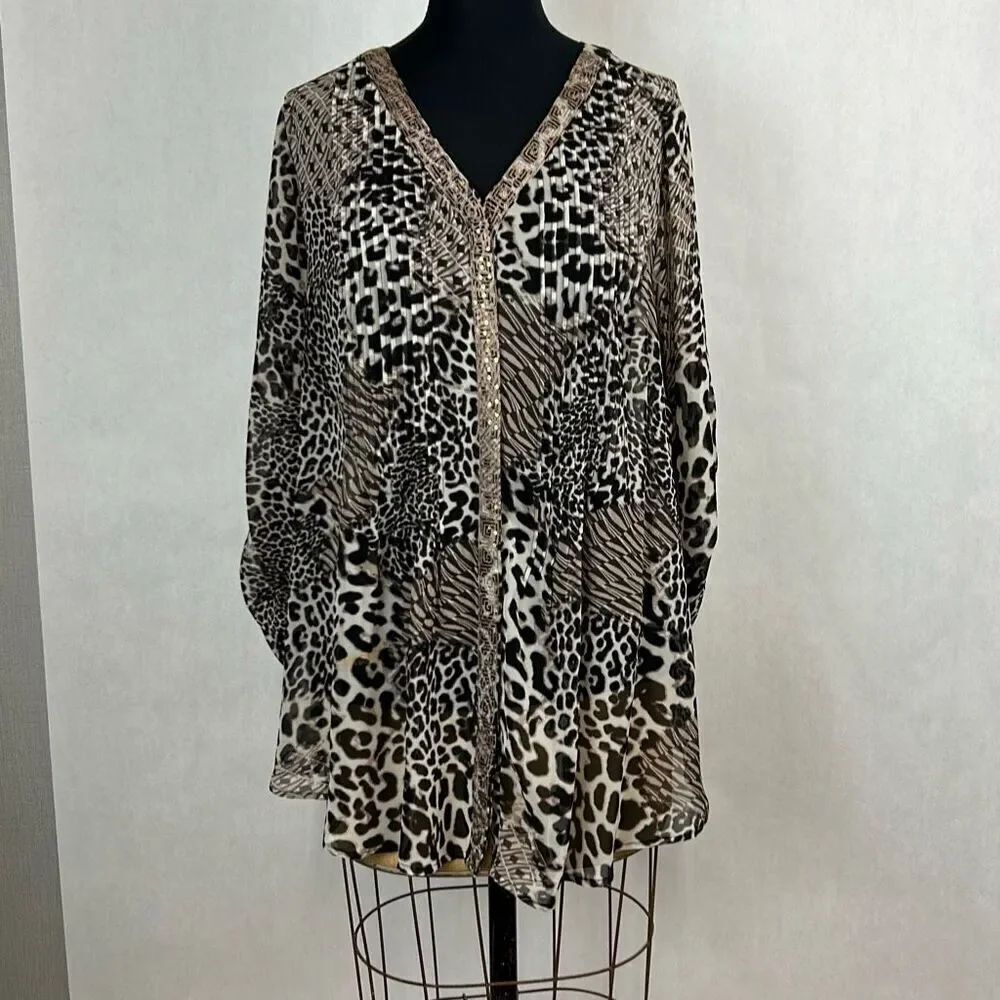 Valerie Stevens Womens Animal Print Tunic Shirt Top Blouse Sz 1X Roll Tab Sleeve